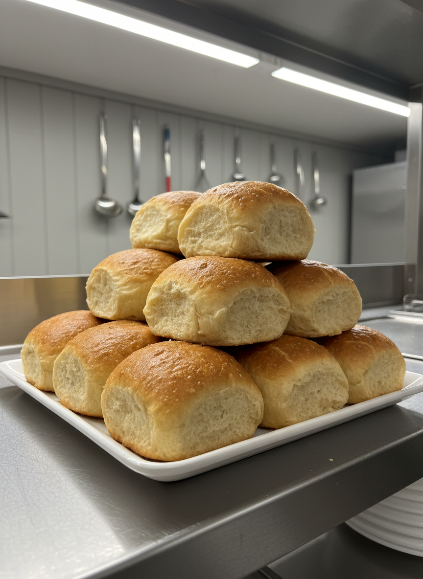 A stack of freshly baked, golden-brown rolls with a slight, glossy sheen from a butter glaze, neatly arranged in a structured pyramid on a matte white serving platter. The platter sits on a perfectly maintained stainless steel service counter, against a background of neutral painted wood paneling and discreet kitchen utensils. Overhead LED lights cast a clean, neutral light that accentuates the bread’s texture and form, offering subtle contrast and highlighting the warm colors. Shot from a low, close-up angle to emphasize detail and abundance, the mood is wholesome and welcoming but with a refined, professional clarity. True-to-life photographic realism, fitting the nonprofit kitchen’s professional tone.