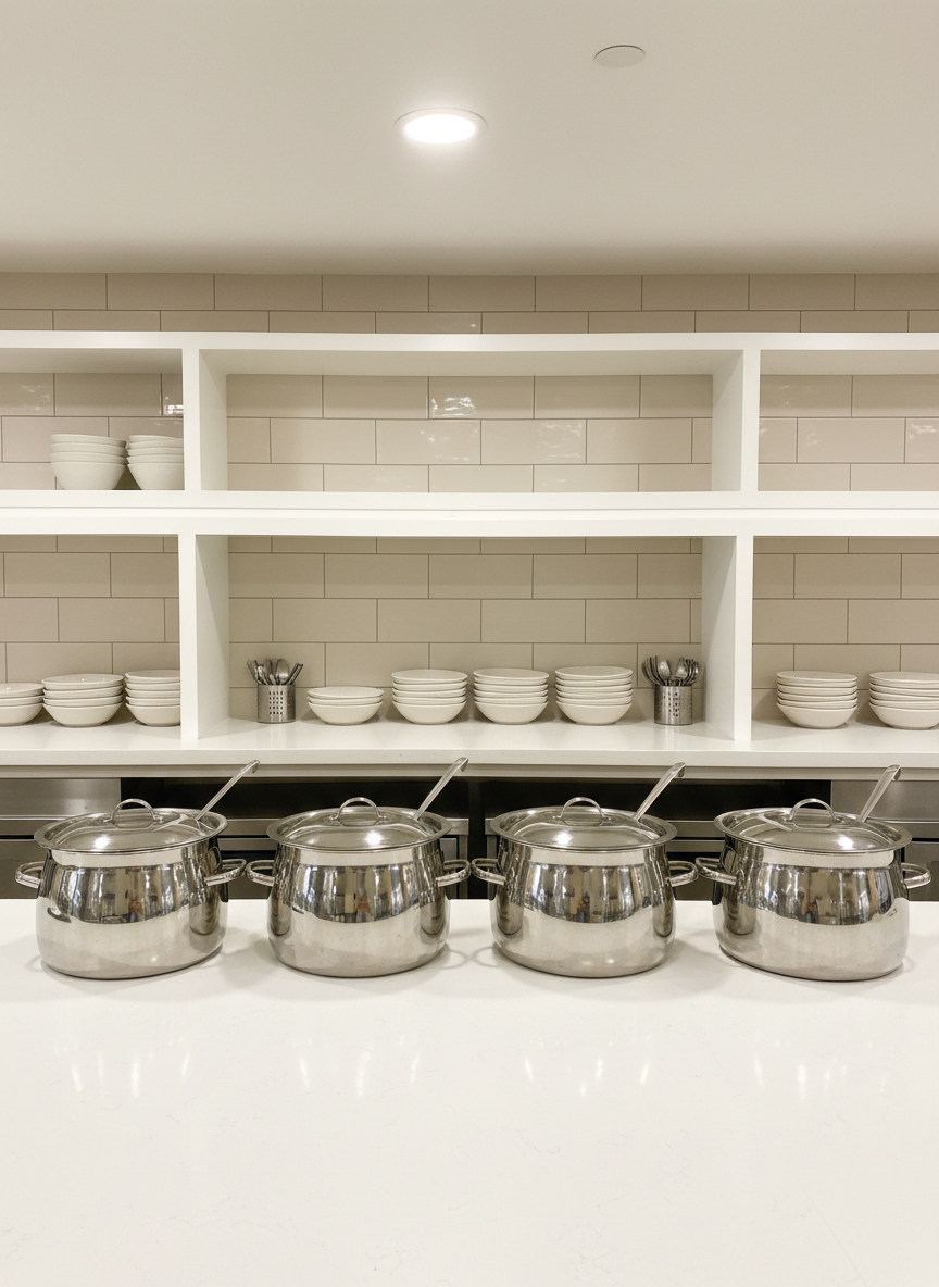 A meticulously arranged row of stainless steel soup tureens with a mirror finish, each fitted with a polished ladle resting on a pristine white countertop. The background features clean, neutral-toned subway tiles and minimalist organizational shelving, emphasizing a sense of order and professionalism. Bright, diffused overhead lighting illuminates the scene evenly, creating gentle, muted reflections and emphasizing clean lines. The mood is calm, welcoming, and efficient, perfect for a nonprofit soup kitchen setting. Composed at eye level with a centered, balanced structure and sharp focus throughout. The artistic style is photographic realism with a clean, structured corporate aesthetic, supporting the theme of organized meal service and hospitality.