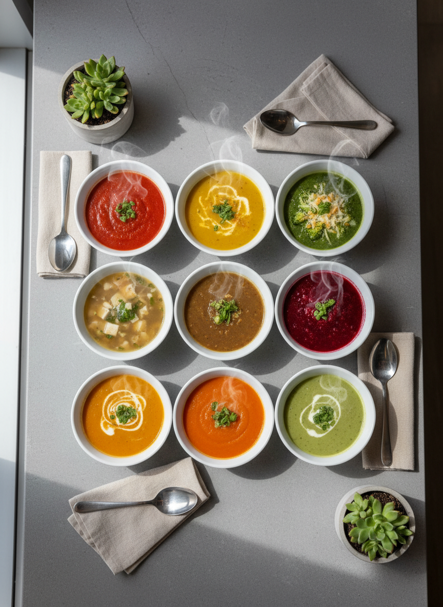 An array of spotless white ceramic bowls, each filled with vibrant, steaming soup, arranged in a precise grid on a smooth, neutral-toned stone table. Around the bowls are neatly folded beige linen napkins and polished stainless steel spoons, with a subtle accent of a small, potted greenery for a touch of life. Soft, diffuse daylight streams from a side window, creating gentle highlights and understated shadows that enhance the textures and steam. The scene is captured from a slightly elevated angle, utilizing the rule of thirds to balance the composition. The tone is serene and inviting, evoking warmth and comfort within a professional, minimalist, photographic style.