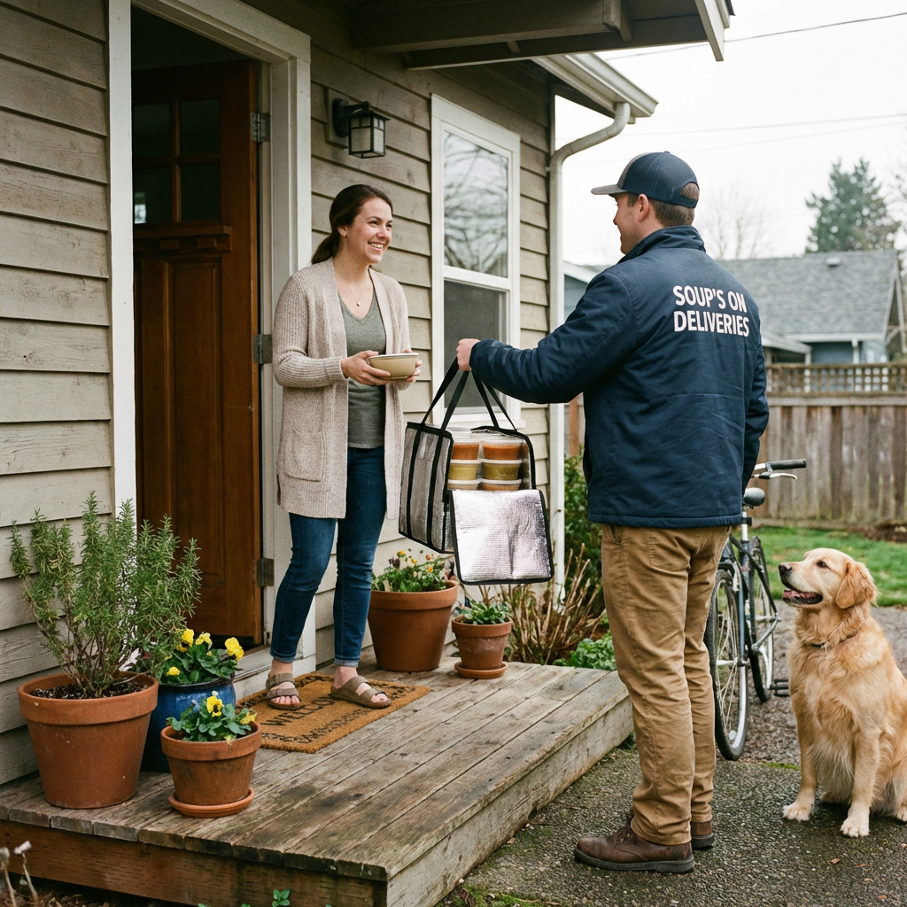 A delivery person hands a bag of soup containers to a woman on her doorstep.