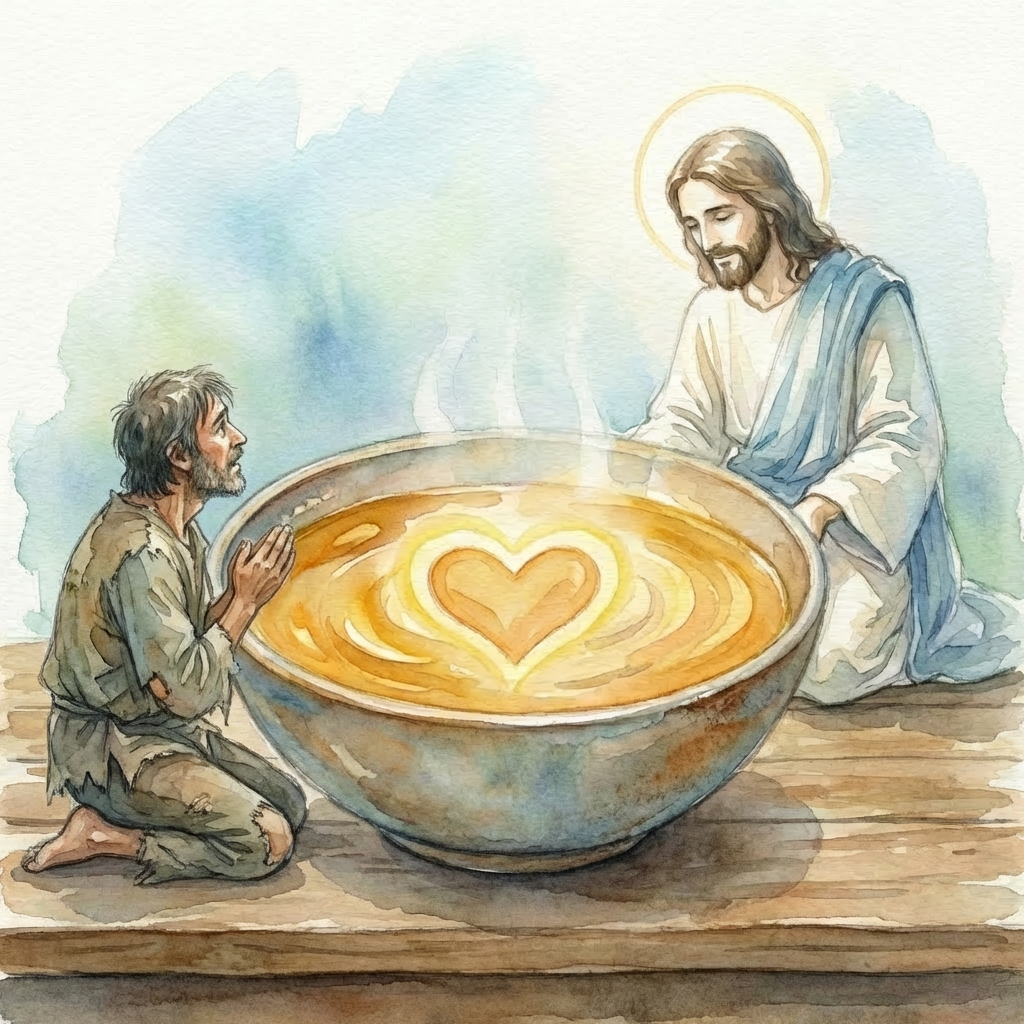 Watercolor painting of Jesus offering a bowl with a heart-shaped design in the center.